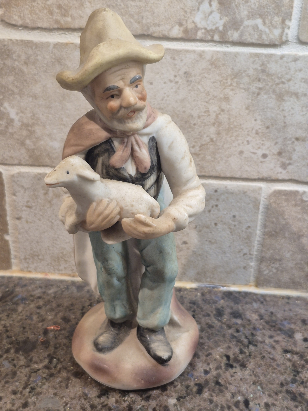 Vintage Genuine Porcelain Figure A Man Holding A Sheep Made In Taiwan